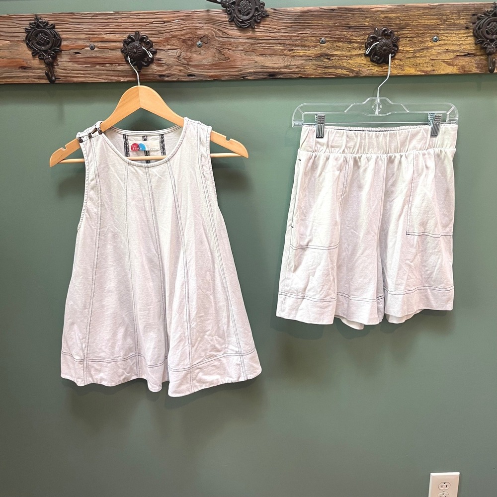 FP Beach Free People Cotton Tunic and Shorts Set Ivory Contrast Stitch XS